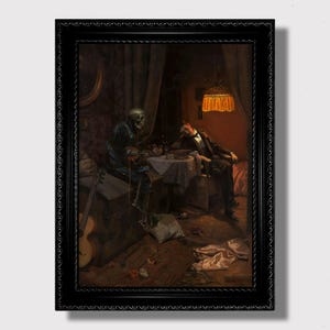 Der Tod besucht den Trinker – Moody Dark Art Print, Gothic Wandbehang, Symbolisches makaberes Dekor, ungewöhnliches Geschenk für dunkle Interieurs