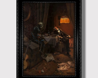 Death Visits the Drinker – Moody Dark Art Print, Gothic Wall Hanging, Symbolic Macabre Decor