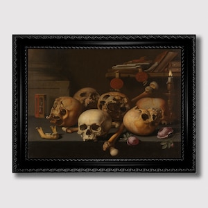 Vanitas Still Life with Human Skulls – Dark Academia Wall Art, Memento Mori Poster, Macabre Home Decor, Gothic Gift for Philosophical Souls