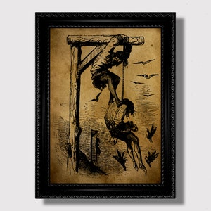 Helping a Hanged Man Die – Macabre Gothic Art Print, Dark Medieval Wall Decor, Death Ritual Illustration, Creepy Home Decoration