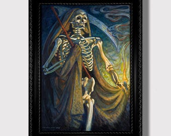 Parca con guadaña: Impresión de esqueleto mortal, decoración de pared gótica oscura, ilustración de Memento Mori
