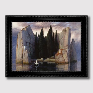 May include: A painting depicting a mysterious, rocky island with a grove of cypress trees in the center. A small boat with a single figure is in the water in front of the island.