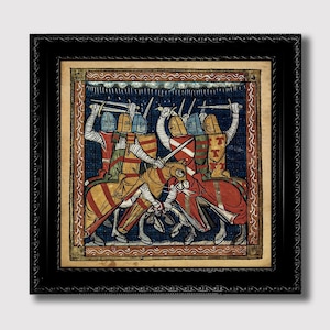 Battle of Mounted Knights – Medieval Manuscript Reproduction, Middle Ages War Scene, Historical Illustration for Gothic Home Decor