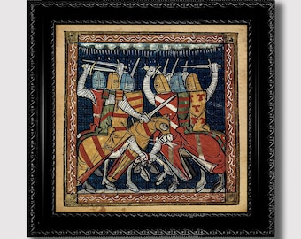 Battle of Mounted Knights – Medieval Manuscript Reproduction, Middle Ages War Scene, Historical Illustration for Gothic Home Decor