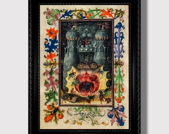 May include: A vintage illustration of a monstrous, multi-headed creature with a gaping maw filled with smaller creatures. The creature is surrounded by ornate, colourful floral designs and the text "Incipit. Signum. Explicit. Finis."