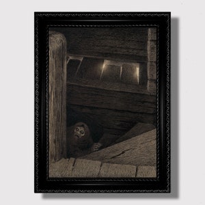 Theodor Kittelsen illustration of Pesta, the plague spirit, hiding on a dark wooden staircase in a shadowy interior.
