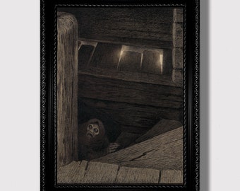 May include: A black and white illustration of a hooded figure peering out from a dark, wooden space. The figure's face is obscured by the hood, but its eyes are visible and appear to be wide with fear. The image evokes a sense of mystery and suspense.
