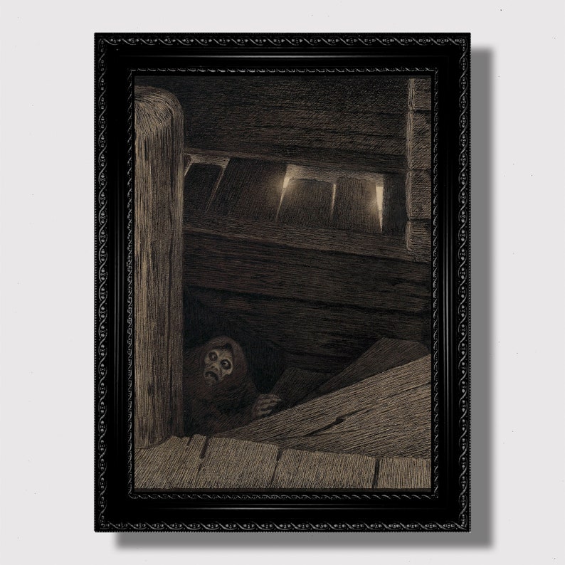 Theodor Kittelsen illustration of Pesta, the plague spirit, hiding on a dark wooden staircase in a shadowy interior.