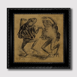 May include: A vintage black and white illustration of two frogs dancing. The frogs are wearing clothing and have human-like features. The illustration is on a brown paper background and has the initials "F.S." in the bottom left corner.