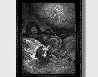 The Destruction of Leviathan - Mythological Beast Print, Gustave Doré Reproduction, Dark Biblical Wall Art