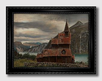 Urnes Stave Church in Sogn – Nordic Landscape Art Print, Medieval Wooden Architecture Illustration, Scandinavian Fjord Wall Decor