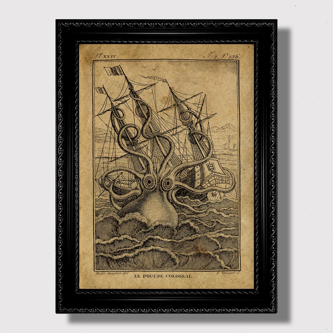 Giant Octopus Vs Pirate Ship – Vintage Nautical Print, Sea Monster Wall ...