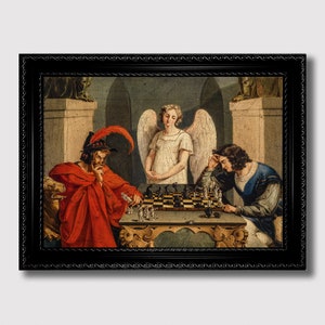 May include: A painting depicting a chess game between two men, with an angel standing behind the chessboard. The man on the left wears a red robe and a feathered hat, while the man on the right wears a blue and gold robe. The angel is dressed in white and has wings.