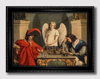 Faust und Mephistopheles beim Schachspiel – Okkulte Illustration Reproduktion, Hexerei Romantische Kunst Druck