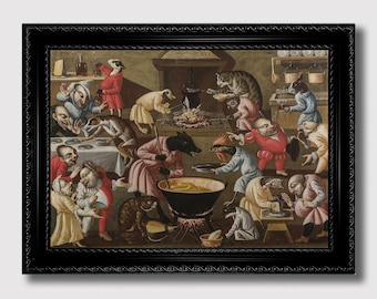 Grotesk köksscen – Medeltida fantasitryck med djur och dvärgar, konstig vintageillustration