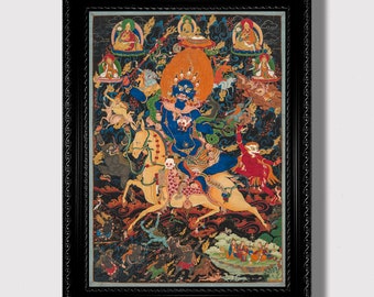 May include: A colorful Tibetan Buddhist painting depicting a deity riding a white horse. The deity is blue with multiple heads and arms, and is surrounded by other figures and symbols. The painting is framed in black.