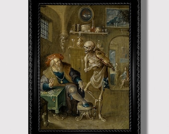 May include: An oil painting depicting a man in a red hat and a skeleton playing a violin. The man is seated at a table with a variety of objects, including a clock, a compass, and a skull. The skeleton is standing behind the man, and its bony fingers are resting on the violin's strings. The painting is set in a room with a window and a fireplace.