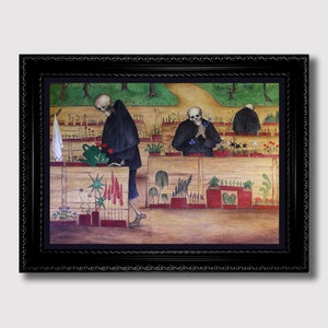 May include: A painting depicting three skeletons dressed in black robes tending to a garden. The skeletons are watering plants, pruning flowers, and tending to the soil. The garden is filled with a variety of flowers and plants, including red, blue, and yellow flowers. The painting is set against a backdrop of a green lawn and trees.