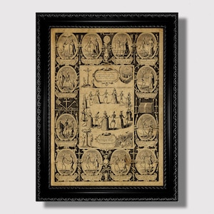 May include: An antique black and white print depicting a series of scenes with skeletons dancing and interacting with humans. The print is framed in a black frame with ornate detailing. The text in the print reads "Dance Macabre".