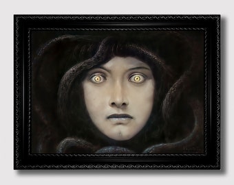 Kopf der Medusa – Gothic Wand Kunst Druck, Dunkle Energie Illustration, Mythisches Schlangenhaar, Kopf der griechischen Gorgone Poster