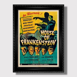 Poster med Haunted House of Frankenstein – Retro Skräckväggkonsttryck, Heminredning i Gotisk Film
