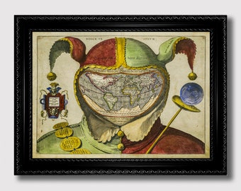 May include: A vintage map of the world is printed on the face of a jester. The jester is wearing a red, yellow, and green hat with bells. The map is surrounded by a frame with the words "Nosce Te" and "Ipsum" at the top.