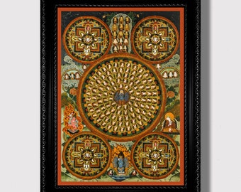 May include: A framed Tibetan mandala painting with intricate details in shades of gold, red, green, and blue. The mandala features a central circle surrounded by concentric rings of geometric patterns and figures.
