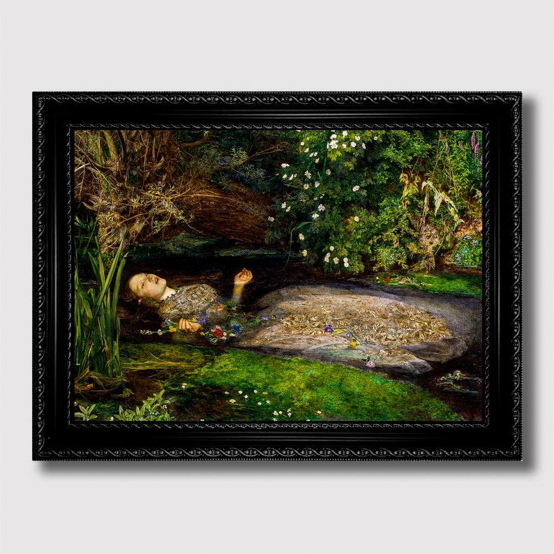 Shakespeare-inspired Ophelia art print showing a woman drifting in a woodland stream with flowers, rich foliage, and soft natural light.