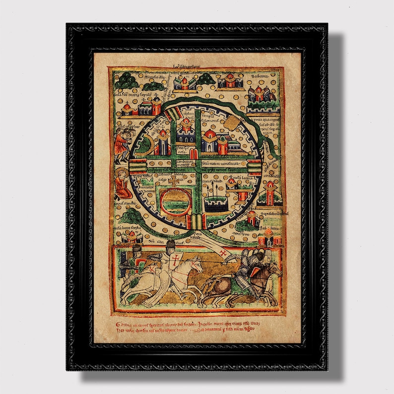 Illuminated medieval map of Jerusalem: a circular city plan with walls, gates, small buildings and Latin labels, plus a crusader knights scene at the bottom.