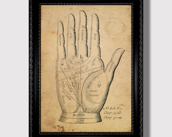 Impresión de la mano de quiromancia: ilustración ocultista vintage, arte mural de quiromancia, póster antiguo de adivinación
