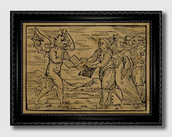 Devil Gives Black Book at Sabbath – Occult Ritual Art Print, Witchcraft Wall Decor
