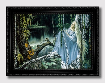 May include: A painting of a woman in a blue gown sitting on a tree branch by a lake. The woman has long white hair and is looking off to the side. The background is a dark forest with green trees and a misty lake.