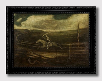 May include: A painting of a skeletal figure riding a horse through a field. The figure is holding a scythe and is wearing a long, flowing robe. The horse is white and has a long, flowing mane. The background is a dark green field with a few trees in the distance. The sky is a dark gray with a few clouds.