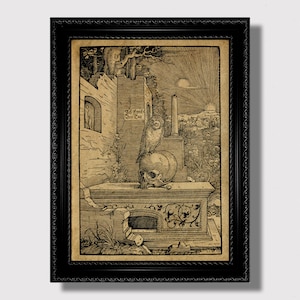 Eule auf Totenschädel Grabstein – Memento Mori Druck, Gothic Friedhof Illustration, Philosophisches Dark Art Poster, Makaberes Reproduktionsdekor