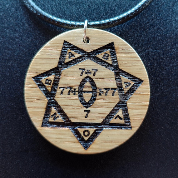 Occult Babalon Pendant – Oak Wood Amulet, Aleister Crowley Magic