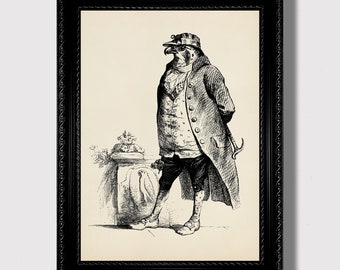 May include: Black and white illustration of a bird-like creature wearing a hat and coat, standing in front of a stone fountain. The creature has a beak and feathers, and is holding a cane in its right hand.