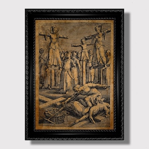 May include: A vintage black and white engraving depicting a scene of multiple people being crucified on crosses. The image is framed in a black wood frame with ornate detailing.