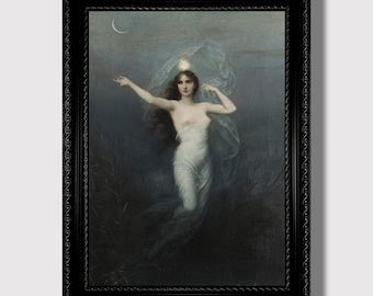 Luna – Mondgöttin Art Print, romantische dunkle feminine Dekoration, himmlische Nachtgeister, Wandbehang