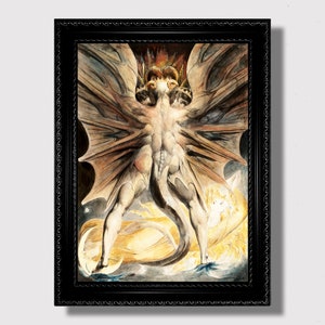 Puede incluir: Una pintura al agua de una figura demoníaca alada con una corona y una cola larga. La figura está de pie sobre una nube con una figura femenina más pequeña acostada debajo.