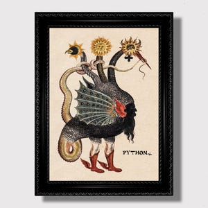 May include: A framed print depicting a mythical creature with three sun-like heads, a serpent body, and peacock-feather wings. The creature has human legs and is wearing red boots. The word "PYTHON" is printed below the image.
