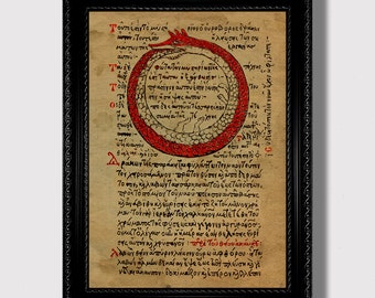 Serpent Ouroboros is symbol of Eternity. Alchemy art print.
