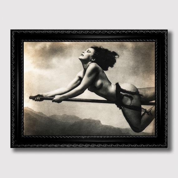 Flying Witch on a Broom – Dark Feminine Photo Print, Gothic Wall Decor