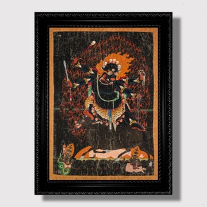 Tibetan Dark Wrathful Deity – Antique Thangka Print, Buddhist Demon Wall Art, Himalayan Esoteric Decor
