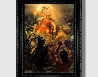 May include: A painting depicting a scene from Norse mythology. A powerful figure, possibly Thor, wields a hammer and stands in a chariot pulled by two goats. The scene is filled with dramatic lighting and action, suggesting a battle or a moment of great power.