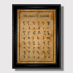 May include: A framed print featuring the text "The Runes Of Honorius" above an alphabet of stylized runes. The print has a parchment-like background with black lettering and is encased in a black ornate frame. The runes are arranged in rows.