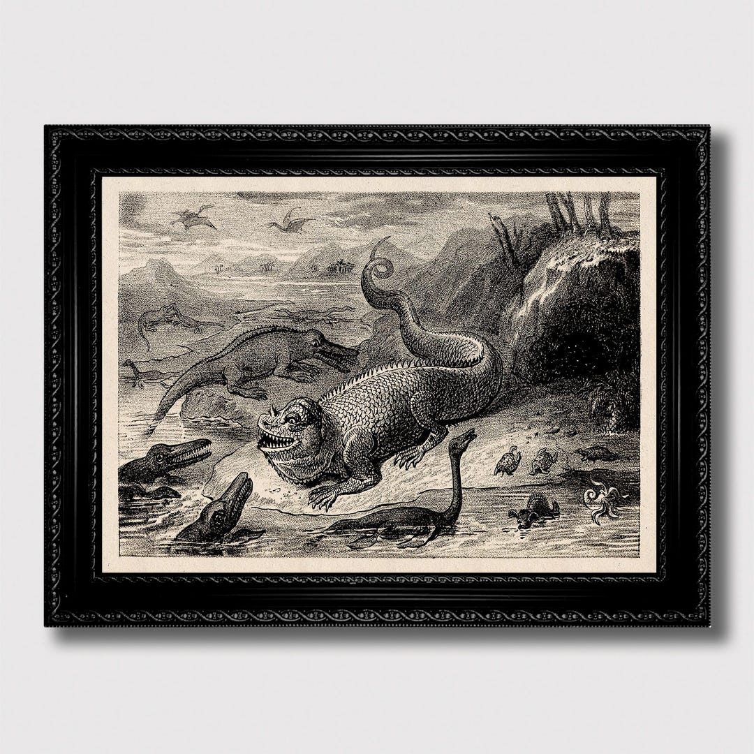 Vintage Jurassic Prehistoric Engraving Print – Dinosaur & Marine ...
