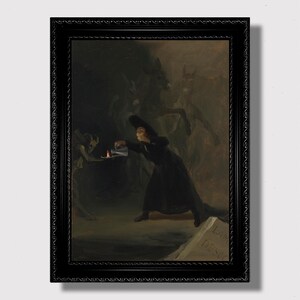 May include: A painting depicting a woman in a black dress and hat, holding a lit candle and standing in a dark room with shadowy figures in the background.