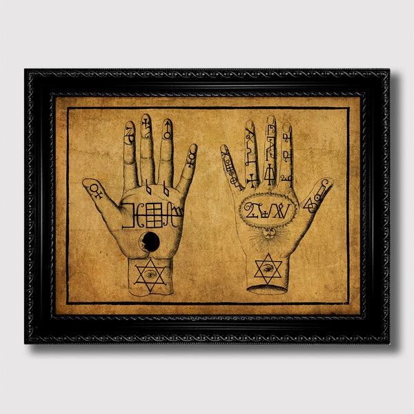 Occult Palmistry. Two Hands with magic Signs. Esoteric Wall Interior.