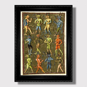 Kompendium av medeltida demoner – Vintage ockult tryck, färgglada infernaliska varelser, gotisk väggkonst