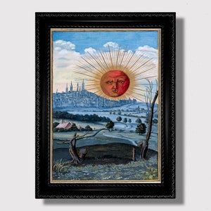Red Alchemical Sun over Medieval City – Hermetic Occult Print, Symbolic Esoteric Landscape, Vintage Alchemy Poster for Dark Academia Room